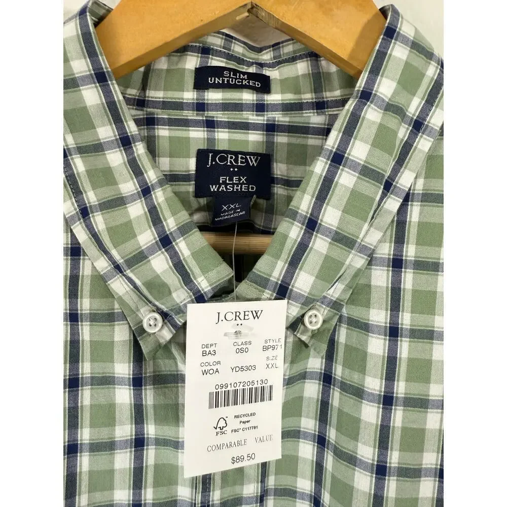 J.Crew Men’s XXL Slim Untucked Flex Washed Green Plaid Long Sleeve Shirt NWT